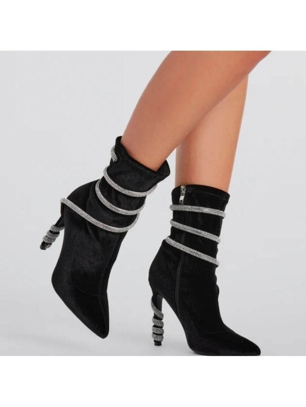 New Shaya Rhinestone Spiral Strap Stiletto Black Booties Size 9